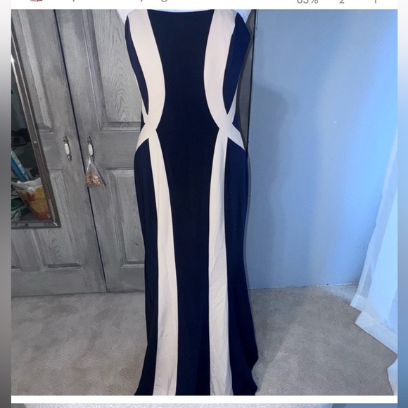Janique by Kourash Babaian Strapless Navy Blue & White Gown - Picture 1 of 9